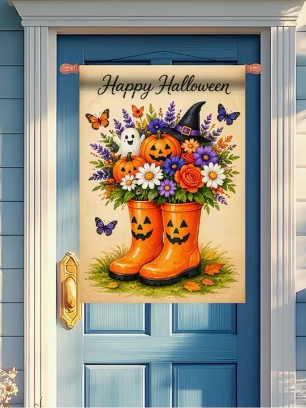 Happy Halloween Orange Jack-o'-Lantern Boot Garden Flag Flowers Ghost Witch Hat